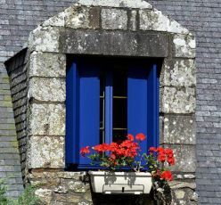 Volet pliant bleu sur façade d'une maison en pierre