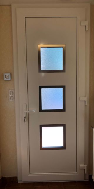 Porte d'entrée en aluminium résistante, design avec ouvertures vitrées.